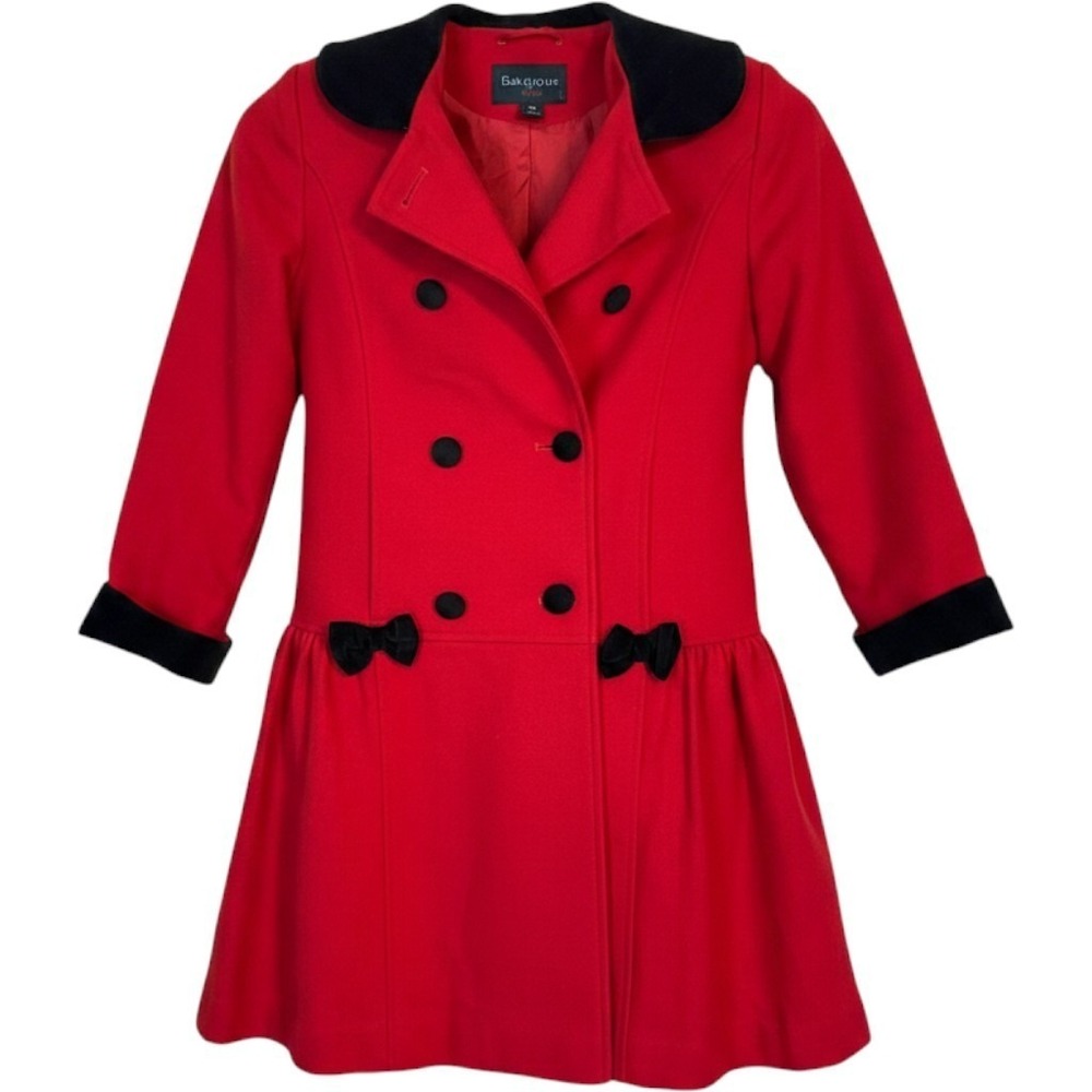 Rothschild Pea Coat Girls 8 Red Velvet Trim Bows Ruffle Hem Double Breasted